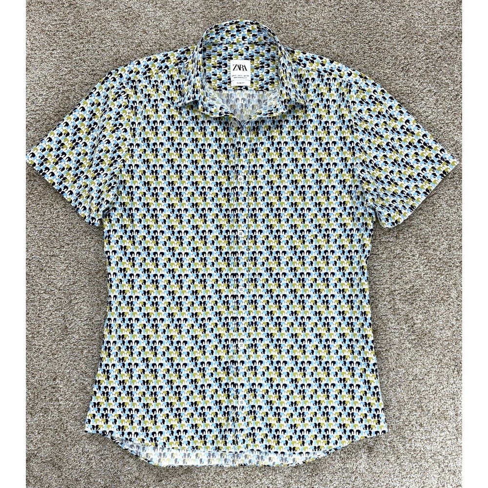 ZARA Elephant Print Button Down Shirt Men's S Slim Fit White Blue Green‎ Cotton